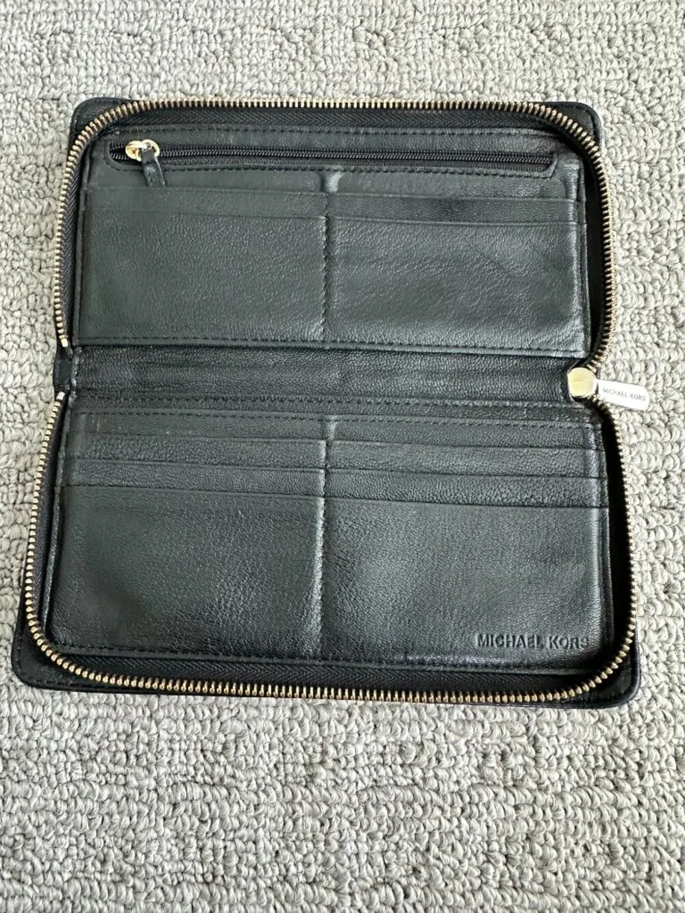 Michael Kors Hamilton Continental Zip Around Wallet Black Leather Gold Lock